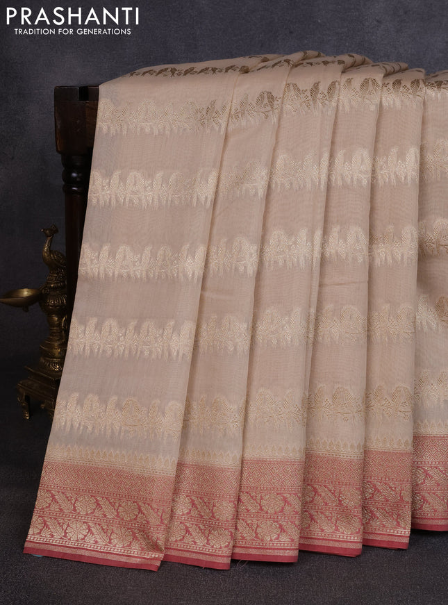 Banarasi silk cotton saree beige and pastel maroon with allover thread & zari weaves and woven border