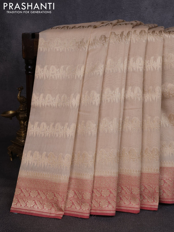 Banarasi silk cotton saree beige and pastel maroon with allover thread & zari weaves and woven border