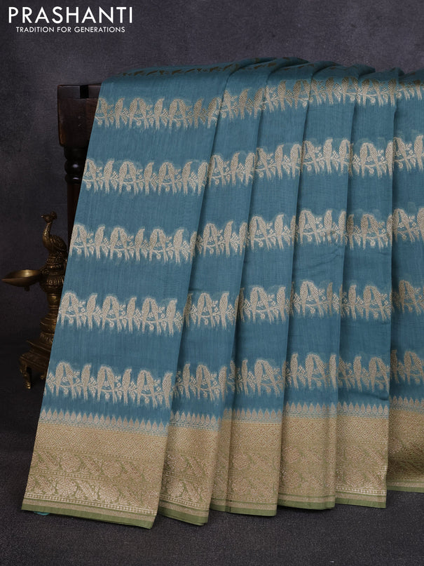 Banarasi silk cotton saree pastel blue and mehendi green with allover thread & zari weaves and woven border