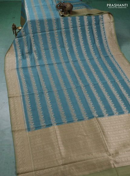 Banarasi silk cotton saree pastel blue and mehendi green with allover thread & zari weaves and woven border