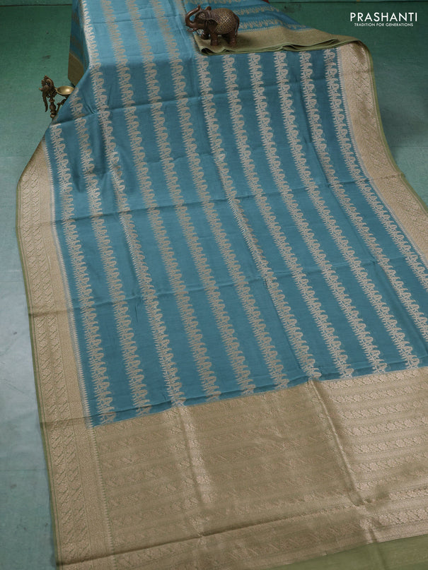 Banarasi silk cotton saree pastel blue and mehendi green with allover thread & zari weaves and woven border