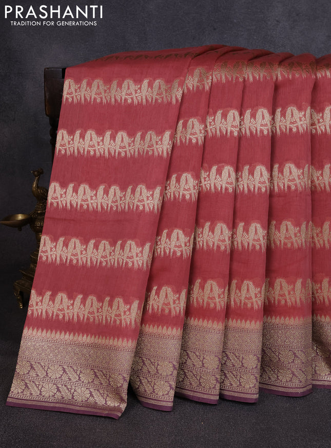 Banarasi silk cotton saree dark peach and pastel purple with allover thread & zari weaves and woven border
