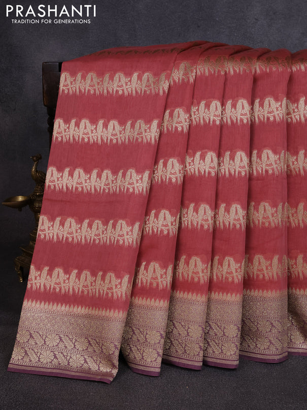 Banarasi silk cotton saree dark peach and pastel purple with allover thread & zari weaves and woven border