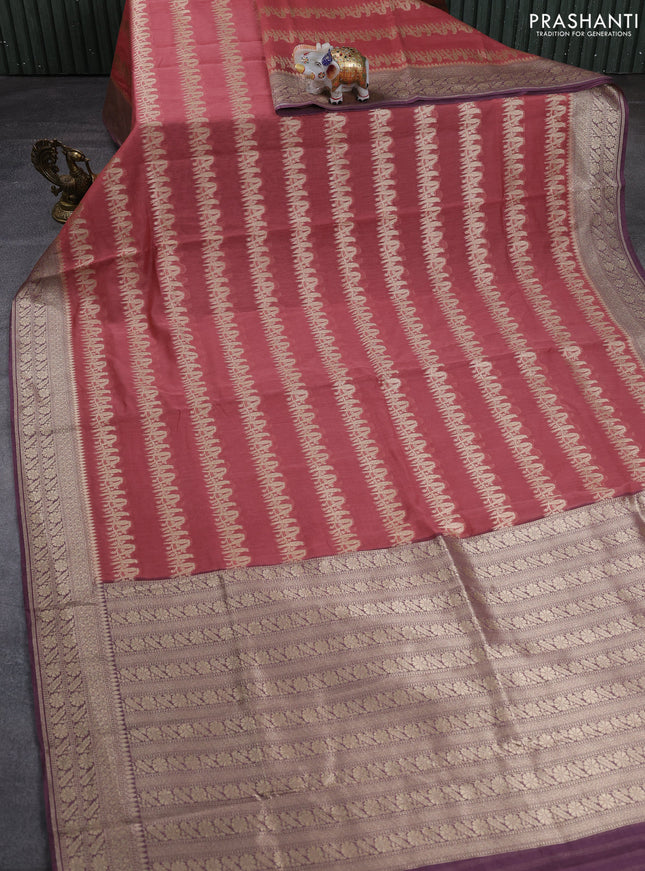 Banarasi silk cotton saree dark peach and pastel purple with allover thread & zari weaves and woven border