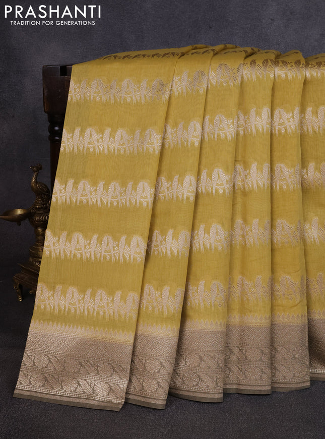 Banarasi silk cotton saree mustard yellow and military green with allover thread & zari weaves and woven border