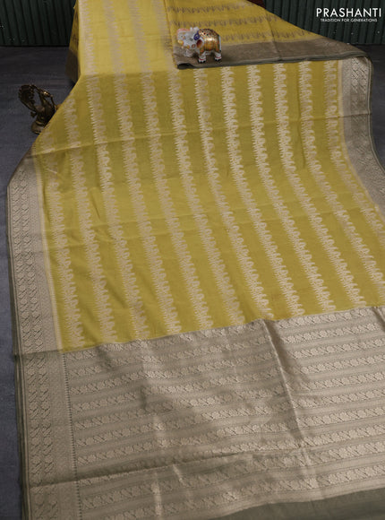 Banarasi silk cotton saree mustard yellow and military green with allover thread & zari weaves and woven border