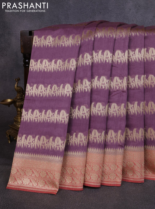 Banarasi silk cotton saree pastel purple and dark peach with allover thread & zari weaves and woven border