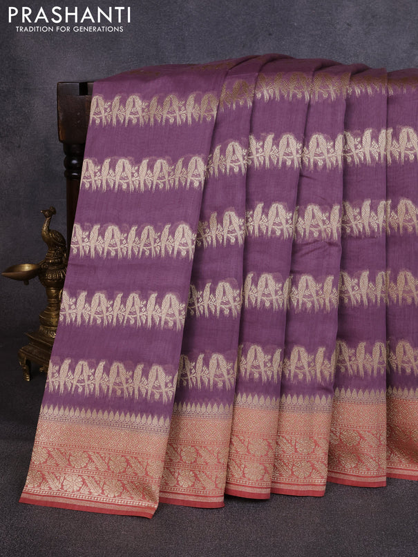 Banarasi silk cotton saree pastel purple and dark peach with allover thread & zari weaves and woven border