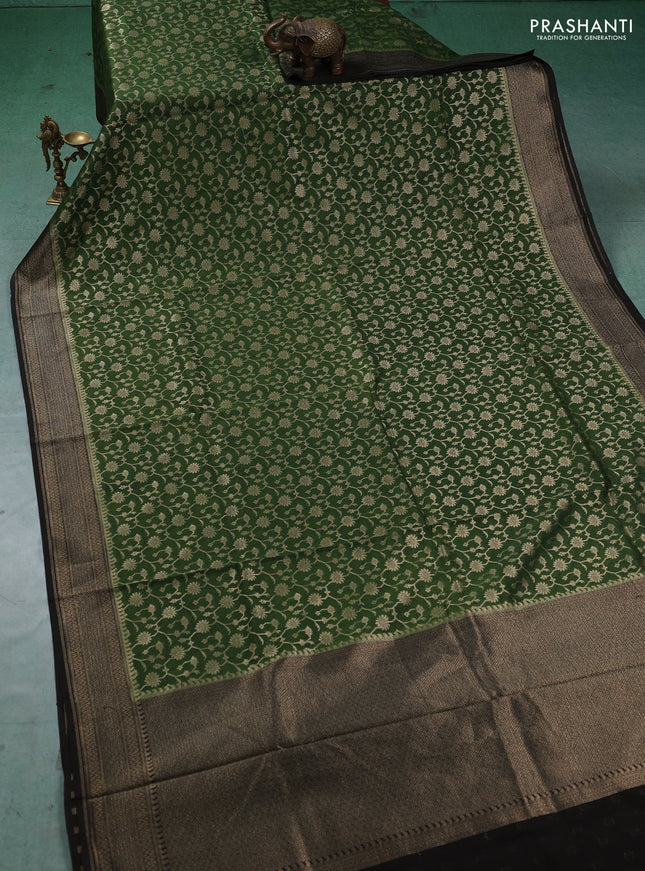 Banarasi silk cotton saree green and black with allover thread & zari weaves and woven border
