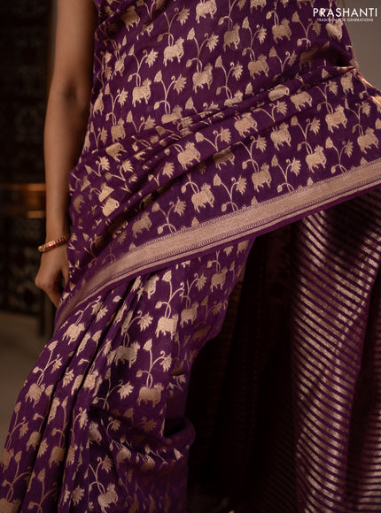 Banarasi silk cotton saree purple with allover thread & zari pichwai weaves and woven border