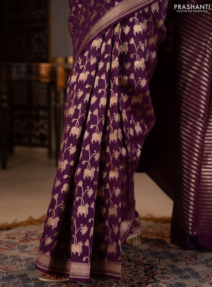 Banarasi silk cotton saree purple with allover thread & zari pichwai weaves and woven border
