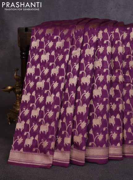 Banarasi silk cotton saree purple with allover thread & zari pichwai weaves and woven border