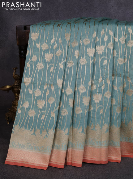 Banarasi silk cotton saree pastel green and rust shade with allover thread & zari weaves and woven border