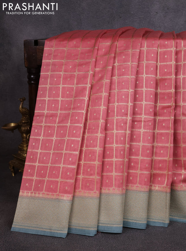 Banarasi silk cotton saree dark peach and pastel blue with allover thread & zari checks & buttas and woven border