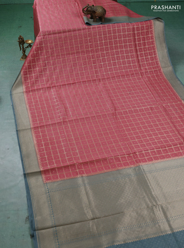 Banarasi silk cotton saree dark peach and pastel blue with allover thread & zari checks & buttas and woven border