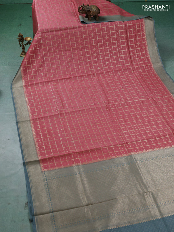 Banarasi silk cotton saree dark peach and pastel blue with allover thread & zari checks & buttas and woven border
