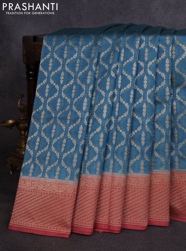 Banarasi silk cotton saree pastel blue and dark peach with allover thread & zari weaves and woven border