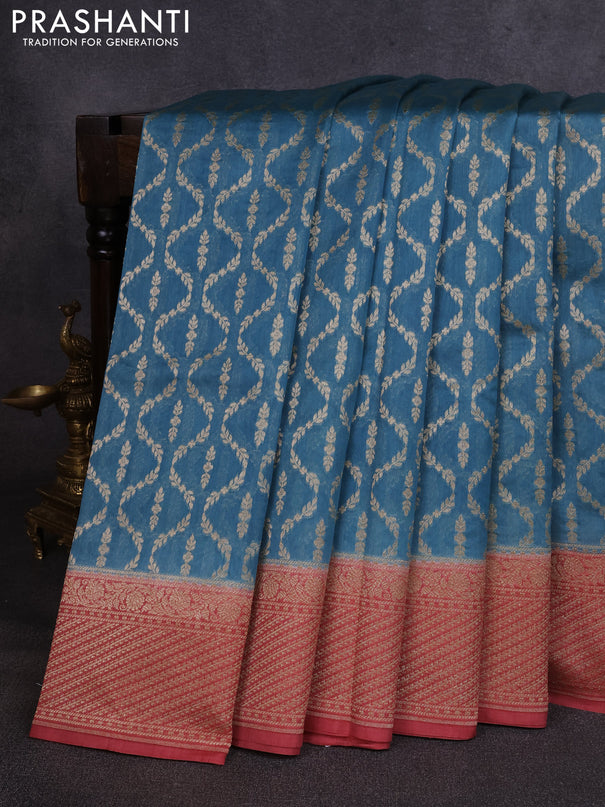 Banarasi silk cotton saree pastel blue and dark peach with allover thread & zari weaves and woven border