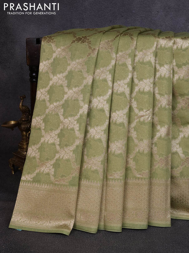 Banarasi silk cotton saree pastel green with allover thread & zari weaves and woven border