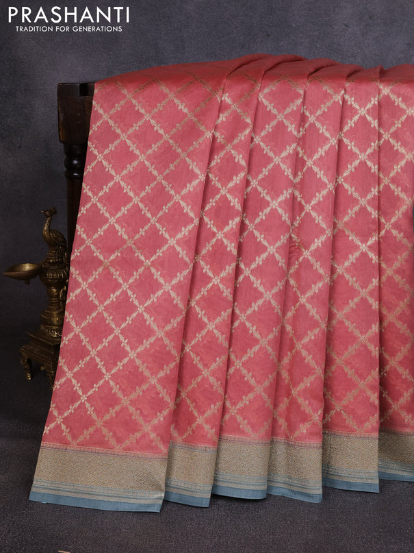 Banarasi silk cotton saree dark peach and bluish grey with allover thread & zari weaves and woven border