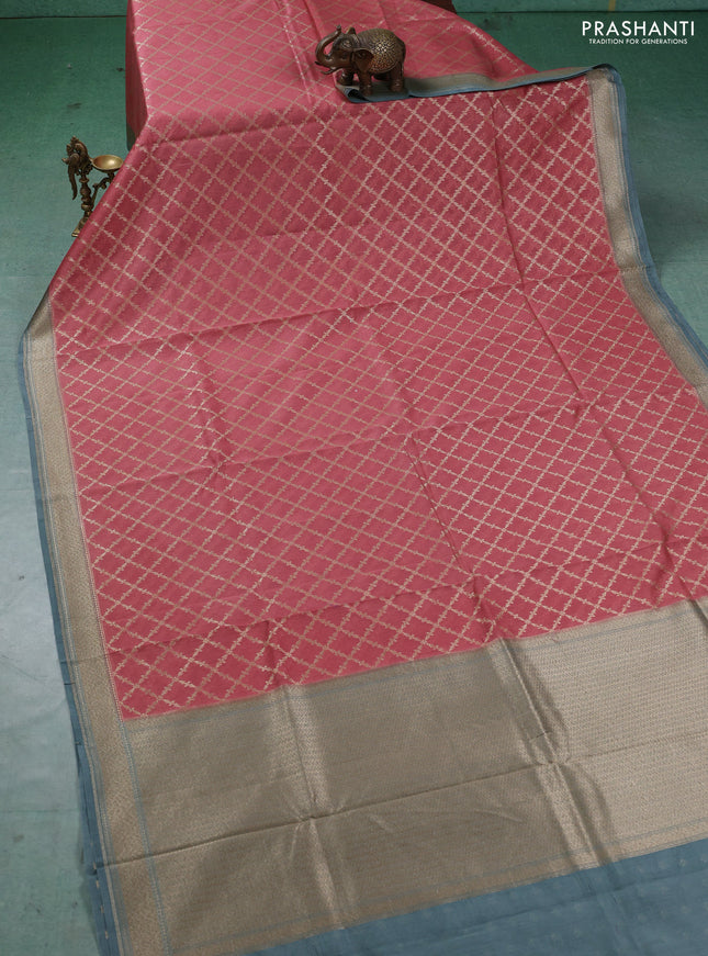 Banarasi silk cotton saree dark peach and bluish grey with allover thread & zari weaves and woven border