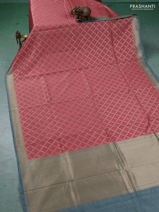 Banarasi silk cotton saree dark peach and bluish grey with allover thread & zari weaves and woven border