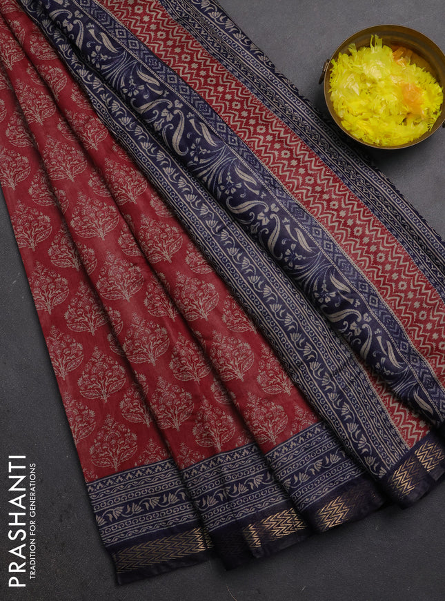 Semi maheshwari cotton saree maroon and navy blue with allover butta prints and zari woven border