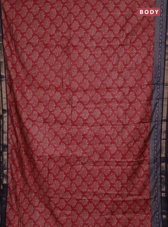 Semi maheshwari cotton saree maroon and navy blue with allover butta prints and zari woven border