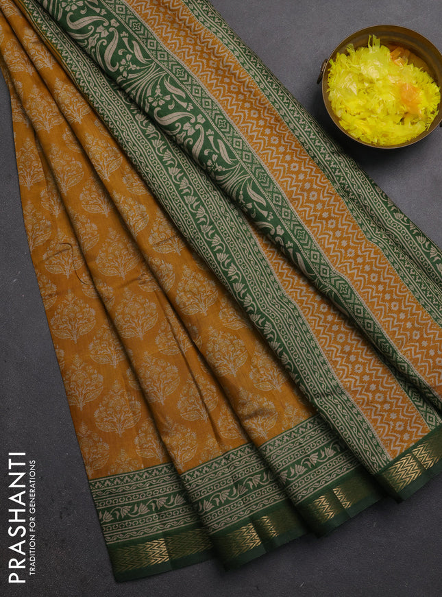 Semi maheshwari cotton saree mustard yellow and green with allover butta prints and zari woven border