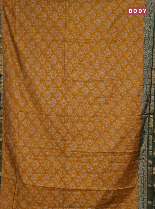 Semi maheshwari cotton saree mustard yellow and green with allover butta prints and zari woven border