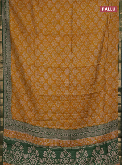 Semi maheshwari cotton saree mustard yellow and green with allover butta prints and zari woven border