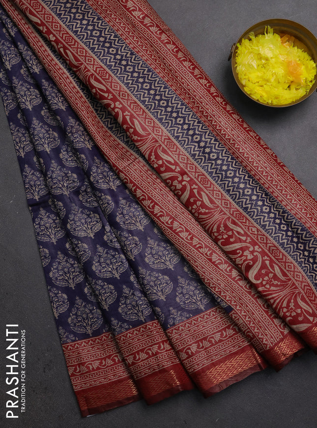 Semi maheshwari cotton saree navy blue and maroon with allover butta prints and zari woven border