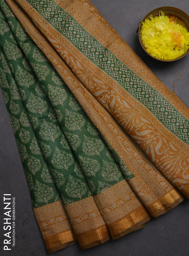 Semi maheshwari cotton saree green and mustard yellow with allover butta prints and zari woven border
