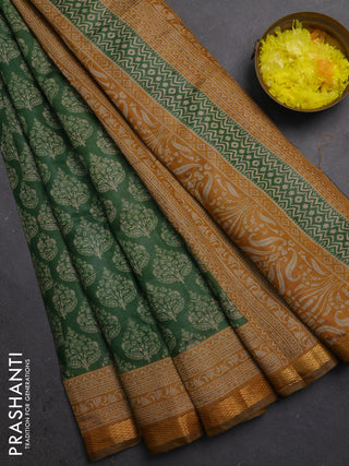 Semi maheshwari cotton saree green and mustard yellow with allover butta prints and zari woven border