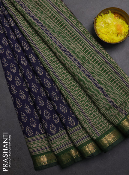Semi maheshwari cotton saree navy blue and green with allover butta prints and zari woven border