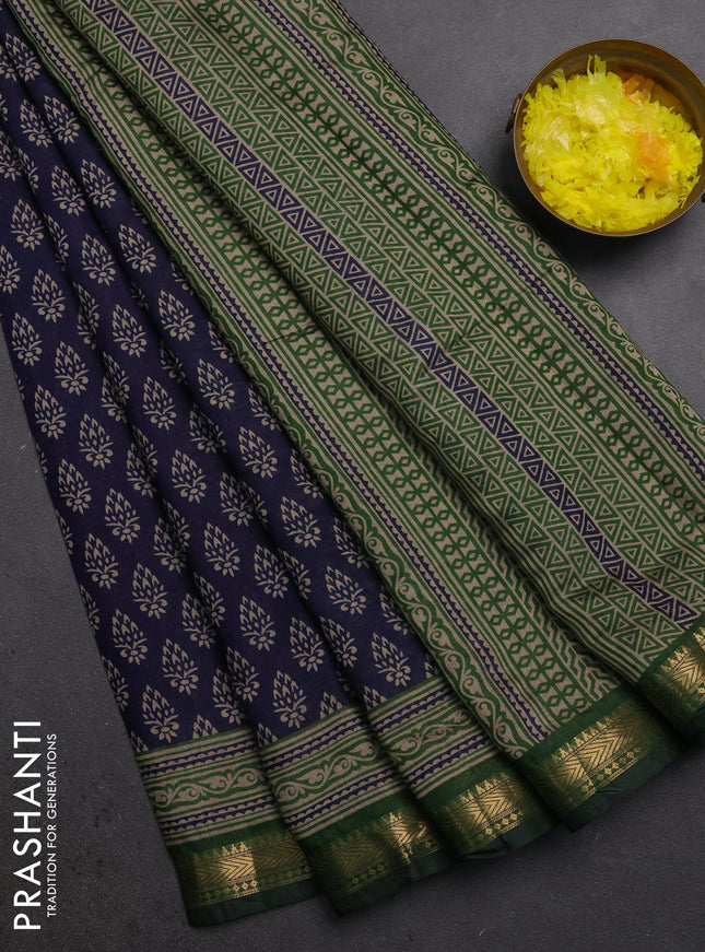 Semi maheshwari cotton saree navy blue and green with allover butta prints and zari woven border