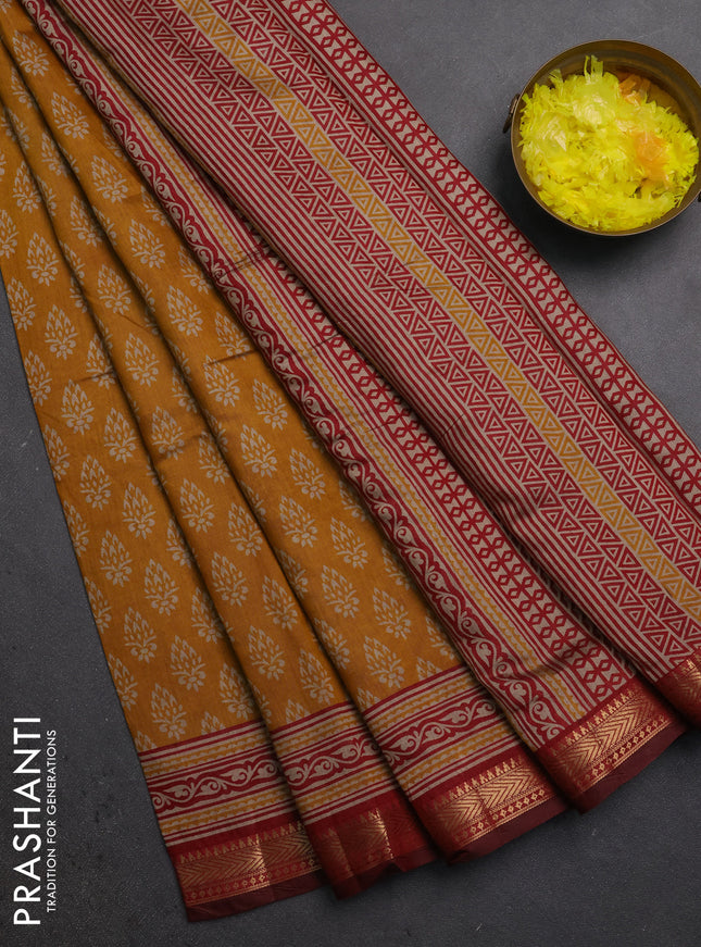 Semi maheshwari cotton saree mustard yellow and maroon with allover butta prints and zari woven border