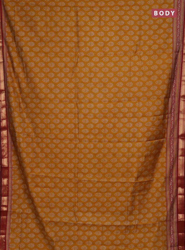 Semi maheshwari cotton saree mustard yellow and maroon with allover butta prints and zari woven border