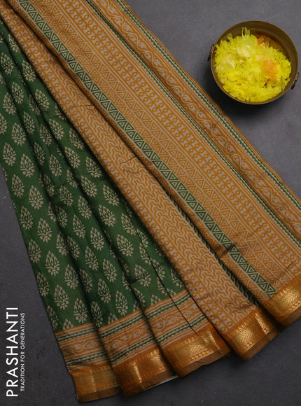 Semi maheshwari cotton saree green and mustard yellow with allover butta prints and zari woven border