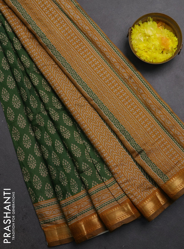Semi maheshwari cotton saree green and mustard yellow with allover butta prints and zari woven border