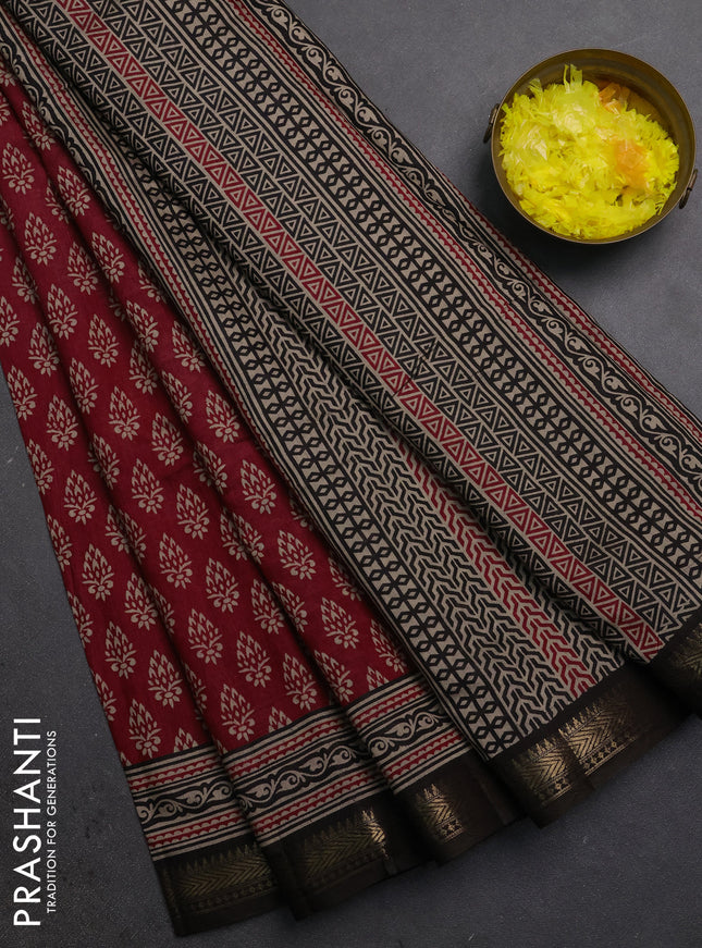 Semi maheshwari cotton saree maroon and coffee brown with allover butta prints and zari woven border