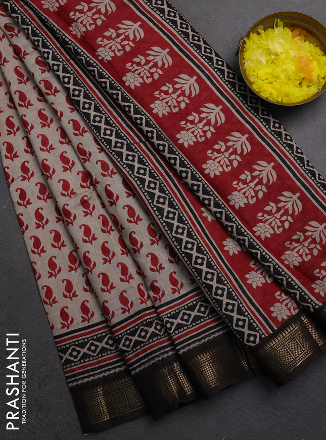 Semi maheshwari cotton saree beige maroon and coffee brown with allover paisley butta prints and zari woven border