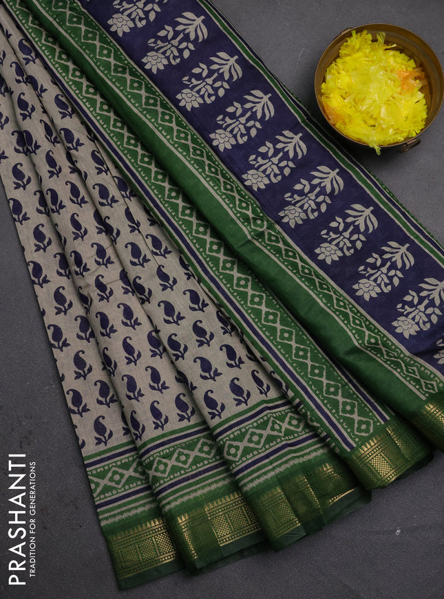 Semi maheshwari cotton saree beige navy blue and green with allover paisley butta prints and zari woven border