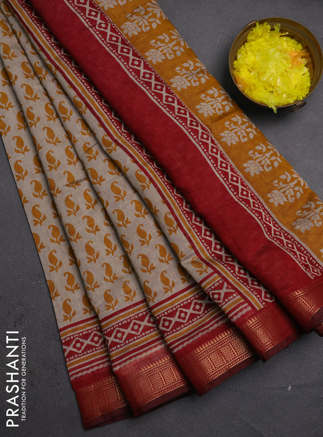 Semi maheshwari cotton saree beige mustard yellow and maroon with allover paisley butta prints and zari woven border