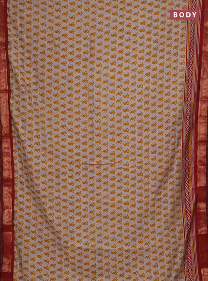 Semi maheshwari cotton saree beige mustard yellow and maroon with allover paisley butta prints and zari woven border
