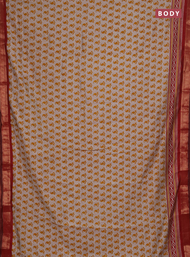 Semi maheshwari cotton saree beige mustard yellow and maroon with allover paisley butta prints and zari woven border