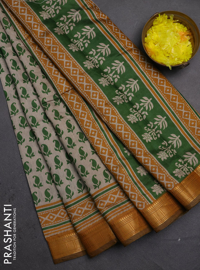 Semi maheshwari cotton saree beige green and mustard yellow with allover paisley butta prints and zari woven border