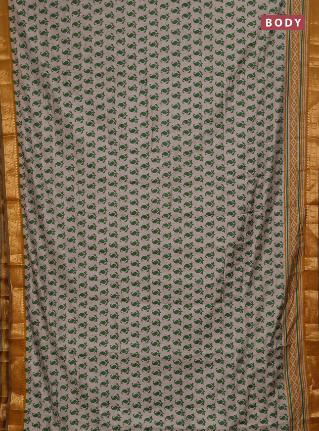 Semi maheshwari cotton saree beige green and mustard yellow with allover paisley butta prints and zari woven border