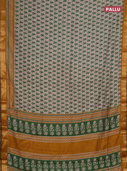 Semi maheshwari cotton saree beige green and mustard yellow with allover paisley butta prints and zari woven border