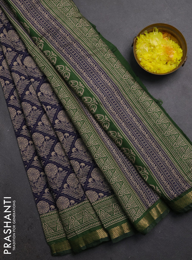 Semi maheshwari cotton saree navy blue and green with allover floral prints and zari woven border